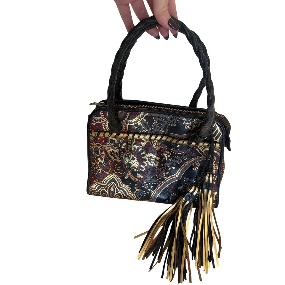 Patricia Nash Leather Paisley Satchel Crossbody Bag Metallic Red Navy Gold